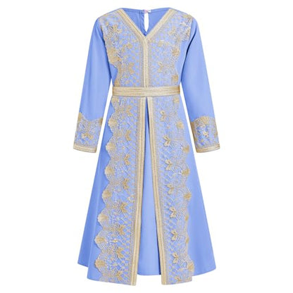 FYMNSI Kids Girls Muslim Abaya Dress Modest Lace Belted Prayer Dress Islamic Maxi Robe Kaftan Ramadan Arabian Dubai Clothes - color: Blue, size: 8-9 Years