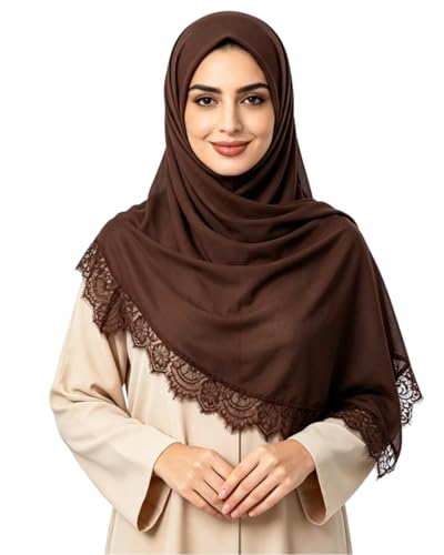 JUMISEE Elegant Floral Lace Hijab Scarf for Women Soft Cotton Head Wrap Instant Hijab Long Scarves Evening Dress Shawl - color: Coffee