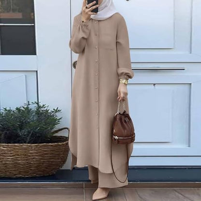 Women's Muslim 2 Pieces Sets Long Sleeve Button Down Shirt and Pants Abaya Casual Dress Dubai Outfits - color: Khaki, size: 3X-Large
