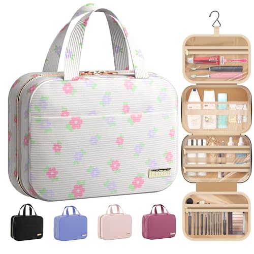 HOTOR Hanging Travel Toiletry Bag Women Men Essentials Beige Color Floral - color: Beige with Colorful Floral, size: Medium