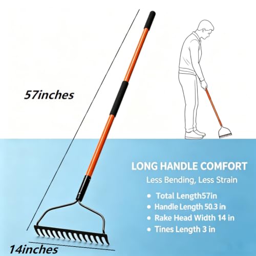 KOLEIYA 57" Heavy Duty Garden Rake – 14-Tine Bow Rake with Fiberglass Handle, for Soil Leveling, Mulch Spreading, Lawn Care & Debris Cleanup