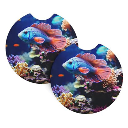 Coral Reef Fish Aquarium Car Cup Holder Coasters 2 Pcs Car Coaster Anti Slip Car Cup Pad Universal Car Interior Cup Holder Pads Rubber Car Cup Mat with A Finger Notch