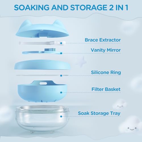 Retainer Case Denture Bath Case Basket Mirror Leak-proof Blue Cat | 2-in-1 design Strainer Basket No-Leak Cleaning Case for Mouth Guard Cute Removal Tool,Aligner chewies,Bursh - color: Blue Cat