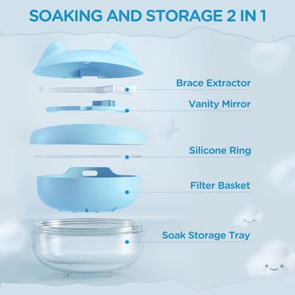 Retainer Case Denture Bath Case Basket Mirror Leak-proof Blue Cat | 2-in-1 design Strainer Basket No-Leak Cleaning Case for Mouth Guard Cute Removal Tool,Aligner chewies,Bursh - color: Blue Cat