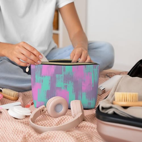 Leather Makeup Bag for Purse, Waterproof Small Toiletry Bag with Zipper, Cute Cosmetic Bags for Women, Pink Teal Purple Graffiti Travel Pouch - color: Pink Teal Purple Graffiti