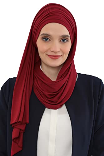 Aisha's Design Instant Hijab Scarves for Women, 95% Cotton Pretied Bonnet Turban Easy to Wear Cotton Headscarf - color: Maroon