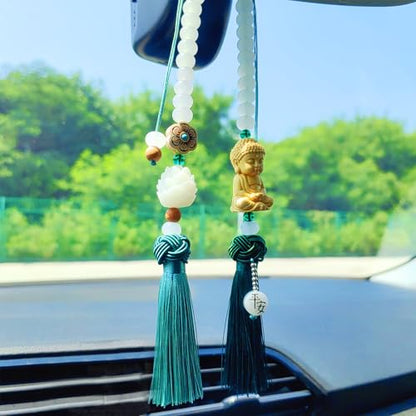 Buddha 백미러 액세서리 걸이용 참, 태슬이 있는 연민의 보살 자동차 걸이 장식, 여성/남성을 위한 귀여운 자동차 액세서리, Fo Bao Ping an - color: 초록색.
