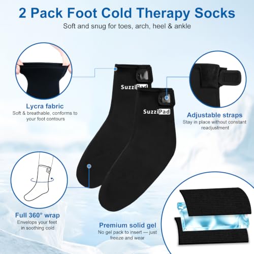 SuzziPad Cold Therapy Socks, Adjustable Ankle Ice Pack Wrap for Chemo, M | Burning Relief Reusable Foot Ice Pack Wrap for Plantar Fasciitis, Arthritis, Achilles Tendonitis, Swelling, Tired & Achy Feet - size: S