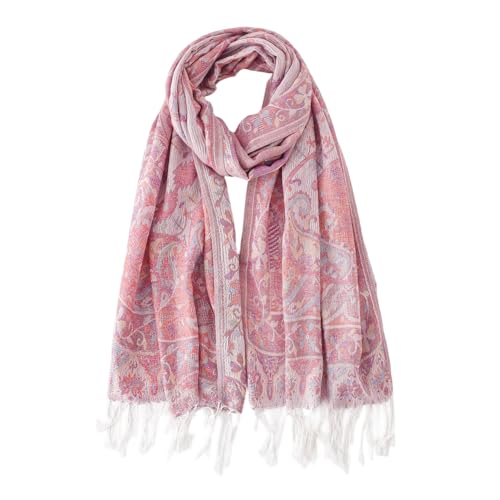 Paisley Pashmina Rave Shawl Scarf-Women's Reversible Ethnic Jacquard Pashmina Wraps for Travel - color: A#.pink White