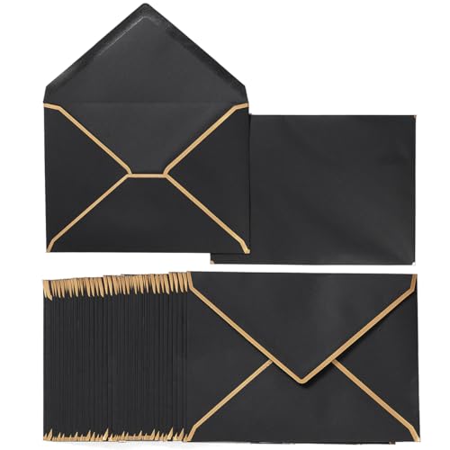 50 Pack A4 Envelopes Black 4x6 with Gold Border, 4.25x6.25 | Self-Adhesive, V Flap, For Wedding, Graduation, Baby Shower, Parties, Invitations - color: Black, size: A4 (4.25x6.25)