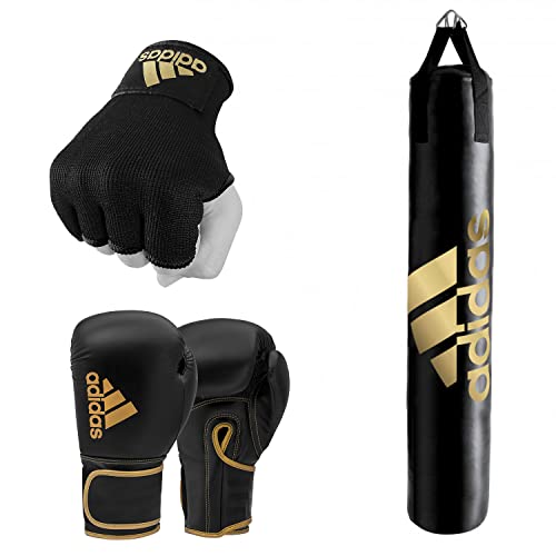 adidas Home Gym Bundle - Home use Heavy Bag (Black White, Black Gold, Black Red / 3ft, 4ft, 5ft) + Hybrid 80 Boxing Gloves (Black White, Black Red, Black Gold / 8oz, 12oz, 16oz) + Protective Inner gloves (Black Gold / Medium) – for Boxing, Training, Fitne