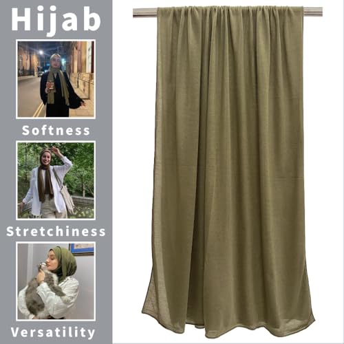 Harewom Muslim Hijab for Women Soft Stretch Headscarf Large Plain Turban Wrap Shawl Head Wrap for Everyday Wear - color: Army Green Hijab Headscarf