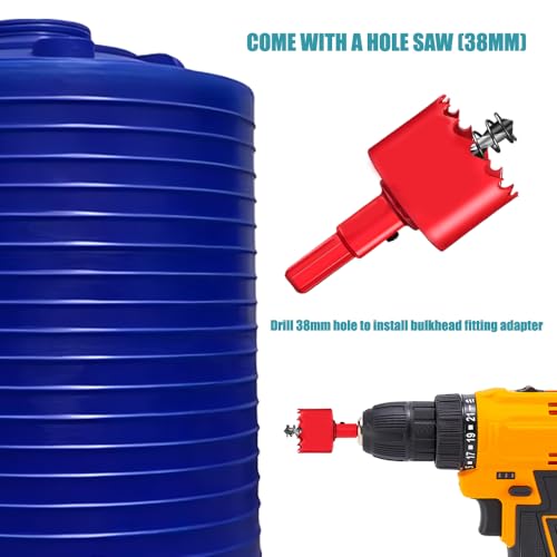 Rain Barrel Spigot Kit with Hole Saw 4 Pcs PVC Bulkhead Fitting, Ball Valve, Garden Hose Male Threaded Adapter, Barb Adapter, Thread Seal Tape (3/4 Inch)