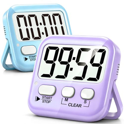 2 Pack Digital Timer for Kids Classroom Kitchen Timers for Cooking | w/ Battery, Easy to View, Alarm, Mute Mode, Count Down/Up, Magnetic, Kickstand, Hanging, Classroom Timer for Teacher Supplies - color: 2 * Sky Blue + Lavender Purple