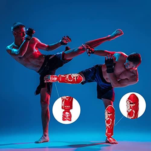 Muay Thai Shin Guards for Kickboxing Martial Arts BJJ Boxing Equipment MMA Training and Sparring Leg Guard with Instep Protection Pads - color: BTF-Red, size: Large/Xlarge