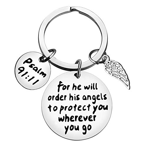 Dabihu Christian Gift Keychain Religious Gift Bible Verse Keyring Baptism Christmas Easter Birthday First Communion Gift - color: For He Will Order His to Protect You Wherever You Go Silver Keychain