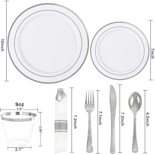 175PCS White Silver Plastic Dinnerware Set for 25 Guests, Fancy Disposable Plates for Party, Include: 25 Dinner Plates, 25 Dessert Plates, 25 Pre Rolled Napkins with Silver Silverware, 25 Cups - color: White and Silver