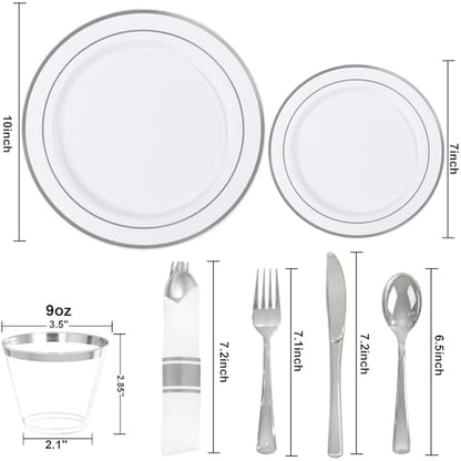 175PCS White Silver Plastic Dinnerware Set for 25 Guests, Fancy Disposable Plates for Party, Include: 25 Dinner Plates, 25 Dessert Plates, 25 Pre Rolled Napkins with Silver Silverware, 25 Cups - color: White and Silver