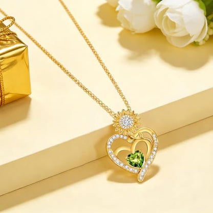 Midari Sunflower Necklace 18k Gold Plated Heart with Brithstone You Are My Sunshine Necklace Anniversary Birthday Sunflower Jewelry Gift for Women Wife Mom - color: 08-August