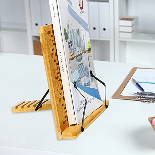 MEGREZ Book Stand for Reading (13.2 x 9.4 inch) Bamboo Cookbook Stand Holder for Kitchen, Adjustable Book Holder Stand for Tablet/Textbook Holder/Hollow Bookrest Stand, Be Happy Everyday - color: Be Happy Everyday
