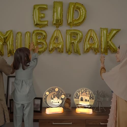 2 Pcs Ramadan Decorations Lights for Home Eid Mubarak Table Decor LED Ramadan Night Lights Crescent Moon Castle Lantern Centerpiece for Home Islamic Mosque Muslims Crafts Table Decor Eid Gifts(Lovely) - style: Lovely