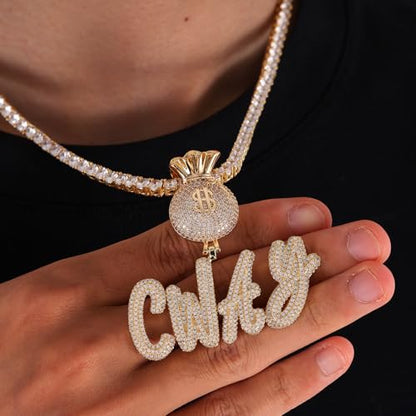 Lulu Mel Iced Out Personalized Cursive Name Necklace For Trendy Women, Custom Handmade Nameplate Pendant With Cuban Link Chain, White Gold Plated Hip Hop CZ Diamond Jewelry Gifts - color: Gold/Money Bag Bail