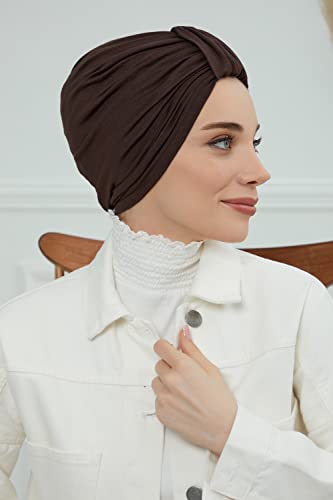 Aisha's Design Instant Turban Plain Cotton Scarf Head Wrap Lightweight Hat Bonnet Cap for Women - color: Brown