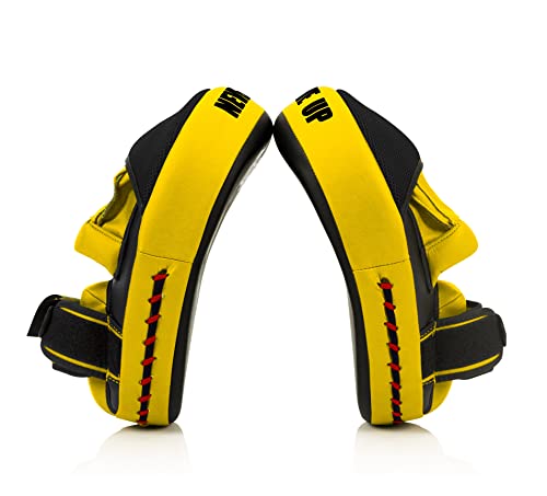Fairtex FMV13 Maximized Focus Mitts, Muay Thai Kickboxing MMA Punching Pads | Premium Syntek leather shell with multi-layer foam. Curved shape with hook-and-loop wrist strap absorbs trainer strike impact - color: Black/Yellow