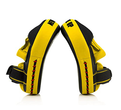 Fairtex FMV13 Maximized Focus Mitts, Muay Thai Kickboxing MMA Punching Pads | Premium Syntek leather shell with multi-layer foam. Curved shape with hook-and-loop wrist strap absorbs trainer strike impact - color: Black/Yellow