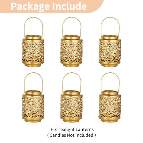 NUPTIO Gold Candle Lanterns Decorative: 6 Pcs Hanging Metal Tealight Candles Holder 4.1inch Brass Mini Tea Light Lantern Centerpiece for Weddings Bridal Shower Anniversary Table Decor (Style 3) - size: Style 3 - 6 Pcs
