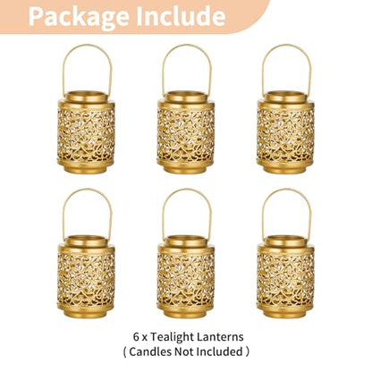 NUPTIO Gold Candle Lanterns Decorative: 6 Pcs Hanging Metal Tealight Candles Holder 4.1inch Brass Mini Tea Light Lantern Centerpiece for Weddings Bridal Shower Anniversary Table Decor (Style 3) - size: Style 3 - 6 Pcs