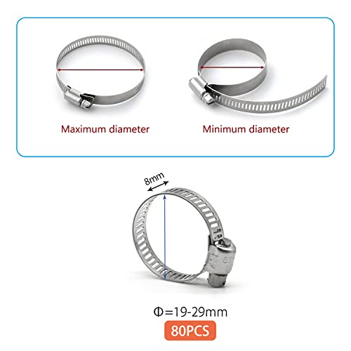 Hose Clamp 1 Inch, 80 Pack Stainless Steel Hose Clamps Worm Gear fuel line pipe clamps, 19-29mm (1 Inch) - size: 19-29mm (1inch)