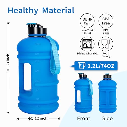 TOOFEEL 2 Liter Water Bottles - Half Gallon BPA Free - Ideal for Gym, Reusable Large Water Bottle with Measurements Marked - 74 oz Matte Blue - color: Matte Dark Blue, style: 74 oz water bottle