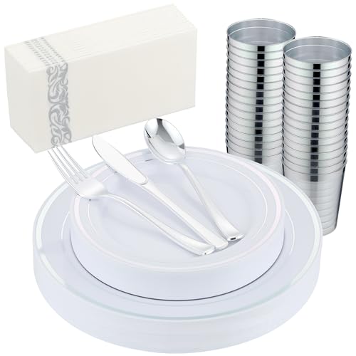 175 PCS Silver Dinnerware Set for 25 Guests, Silver Rimmed Heavy Duty Plastic Disposable Plates for Party Wedding with 25 Dinner Plates,Dessert Plates, Silverware Set, Cups, Napkins - color: Silver, size: 25 Guests