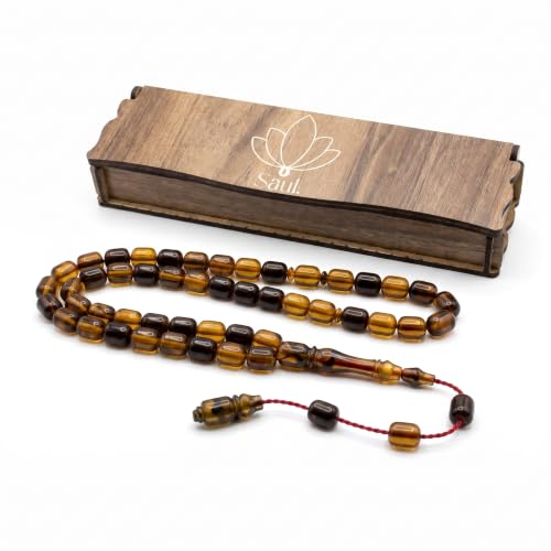 Saul Handmade 33 Beads Tasbih, Amber Phenolic Resin Islamic Prayer Beads with System Tassel, Pointed Capsule Cut Misbaha in Wooden Gift Box - color: Marbled Honey Butterscotch