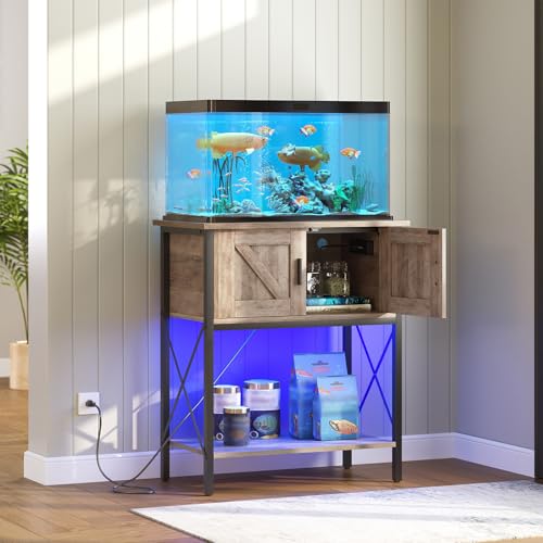 HOOBRO 20 Gallon Fish Tank Stand with Power Outlets and LED Light, Metal Frame Aquarium Stand, Reptile, Turtle Tank Stand with Cabinet Storage, 27.6'' L x 15.7'' W, 300 LBS Capacity, Greige BG40UDFT01 - color: Greige + Black
