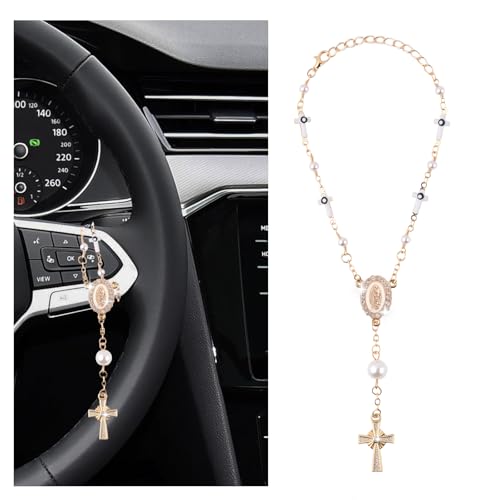 Cross for Car Steering Wheel Rosary Charm,Unique Cross for Car Mirror Hanging Accessories as Decoration,Stylish Crosses Cars Charms for Steering Wheel Christian Cars Accessories - color: White Cross