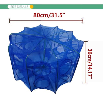 Foldable Bait Trap Fishing Net - Hand Cast Cage for Catching Fish Shrimp Crab Crawfish - color: Blue Thicken Mesh Material, size: 20 Entrances