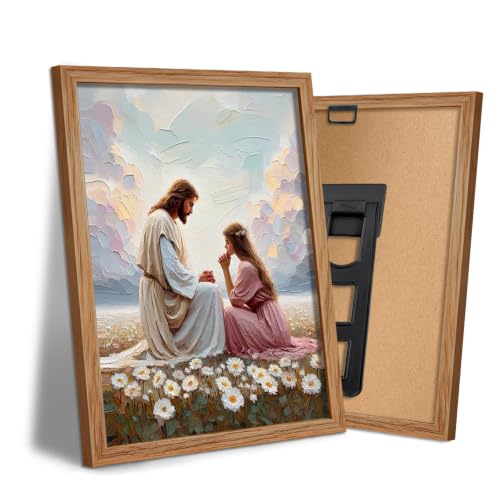 AUUAUU Jesus and Praying Girl Wall Art, Wooden Framed Christian Religious Canvas Painting, Inspirational Faith Wall Decor for Living Room Bedroom, 8x10 Inches Ready to Hang - color: Wooden Framed Jesus and girl, size: 10"L x 8"W