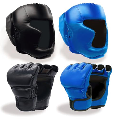 Boxing Gloves and Headgear Set Including 2 Pack Boxing Headgear and 2 Pack Boxing Gloves Boxing Equipment Sparring Gear Equipment for Beginners Adults - color: BlackBlue