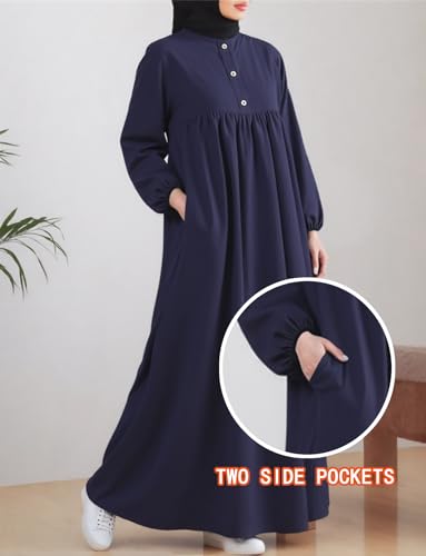 Womens Abaya Muslim Prayer 2 Pockets Long Sleeve Front Button Maxi Dresses Casual Islamic Clothes - color: Blue, size: Small
