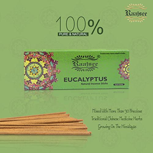 Raajsee Incense Sticks Eucalyptus 100 gm Pack-100% Pure Organic Natural Hand Rolled Free from Chemicals-Perfect for Church, Aromatherapy,Relaxation,Meditation,Positivity & Sensual Therapy - color: Eucalyptus