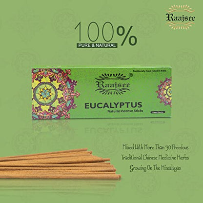 Raajsee Incense Sticks Eucalyptus 100 gm Pack-100% Pure Organic Natural Hand Rolled Free from Chemicals-Perfect for Church, Aromatherapy,Relaxation,Meditation,Positivity & Sensual Therapy - color: Eucalyptus