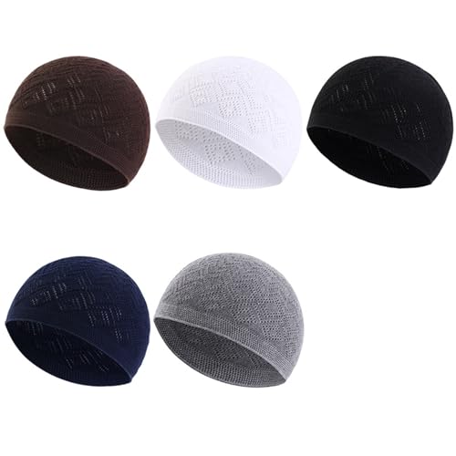 3PCS Men Islamic Prayer Cap Muslim Breathable Skull Cap, Kufi Hats Muslim Prayer Islamic Cap & Handicraft Taqiyah - color: 5pcs