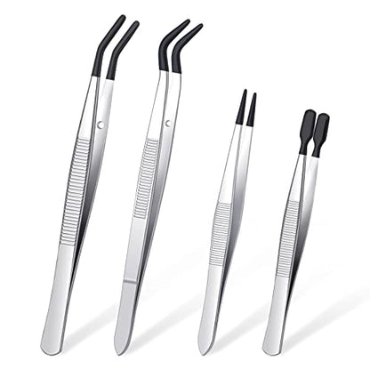DragonflyDreams 4 Pieces Tweezers with Rubber PVC Coated Set | Straight Tip Tweezers Rubber Flat Tip Long Bent Tweezer for Crafts Stamps Beads Jewelry Tools