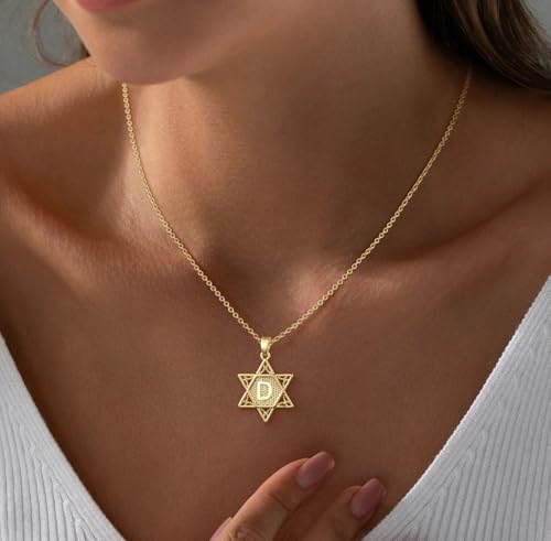 Gold Initial Necklaces for Women Dainty Pendant Letter Necklace 14K Gold Plated Jewish Star of David Religious Jewelry Personalized Gift Non Tarnish Waterproof 16.5-18.5 Inches - style: Initial D