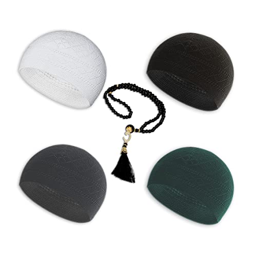 ESERRA Kufi Hats for Men - Prayer Cap, Handicraft Taqiyah, Muslim Tasbih 99 Beads, Prayer Beads - color: White Black Grey and Green