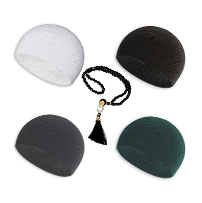 ESERRA Kufi Hats for Men - Prayer Cap, Handicraft Taqiyah, Muslim Tasbih 99 Beads, Prayer Beads - color: White Black Grey and Green