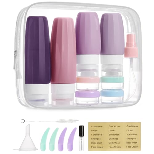 BAGSMART 18 Pack TSA Approved Travel Bottles for Toiletries, Leak Proof Silicone Travel Size Containers Bottles for Shampoo, Purple - color: Purple-3, style: 18 Pack Travel Bottle Set