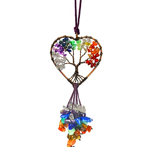 Handmade Cute Boho Tree of Life Chakra Stones Car Mirror Hanging Accessories for Women and Men,7 Chakras Healing Crystal Car Rear View Mirror Hanging Charm and Wall Door Windows Decor - color: Heart